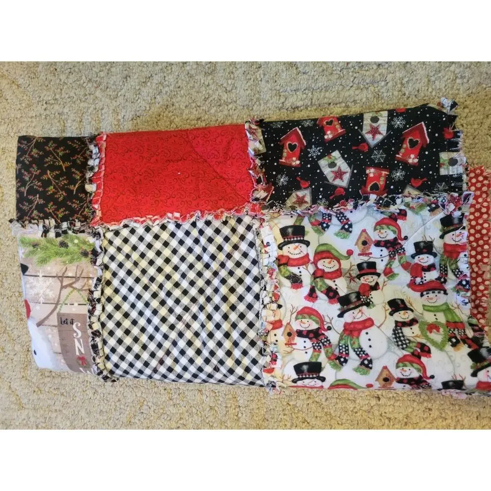 Handmade Snowman Rag Quilt Throw Farmhouse Christmas Holiday Blanket 43 x 48 in‎